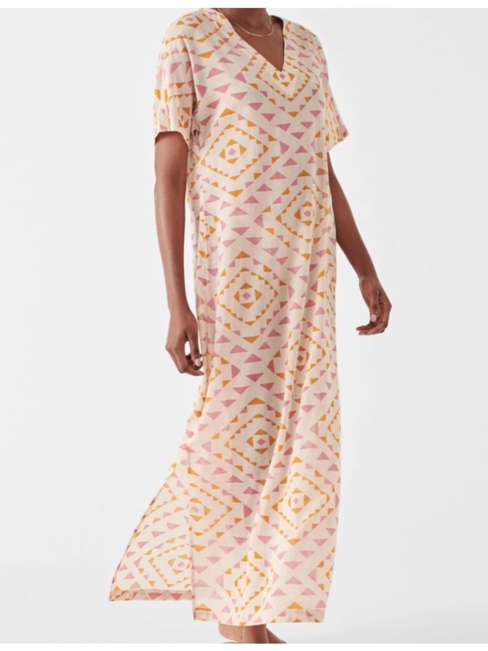Faherty B. Yellowtail Sun Road 100% Cotton Geometric Kaftan Maxi Dress Medium
